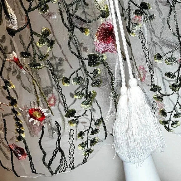 Absolutely Famous Open Knit Cardigan Duster Sz XL White Lower Embroidered Mesh - Picture 8 of 11